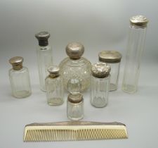 A collection of silver topped bottles and jars and a silver mounted comb, some a/f