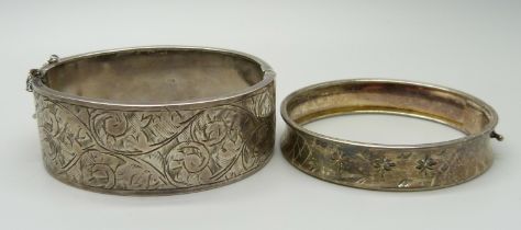 Two silver bangles, one by Walker & Hall, 46g