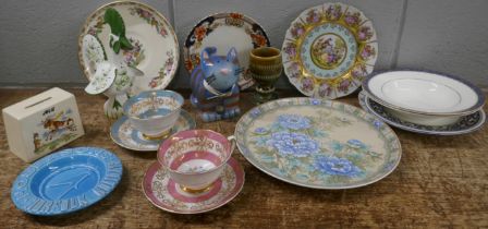 A collection of plates, two Royal Grafton teacups and saucers, an Irish cup, a dish, two money