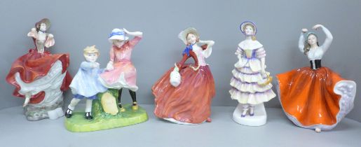 Five Royal Doulton figures; Cheryl, Meg, Karen, Autumn Breeze and Milestone, boxed