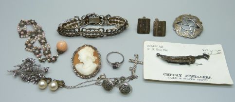 Jewellery including a hallmarked silver brooch also marked Scotland, other brooches, a marcasite set