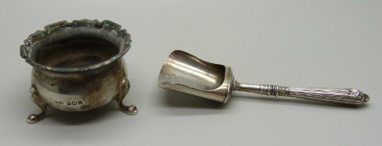 A William IV silver caddy spoon, Birmingham 1834, a/f, and a silver salt, salt 25g