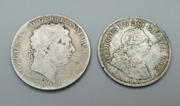 An 1820 crown and a George III 1811 3 shilling bank token