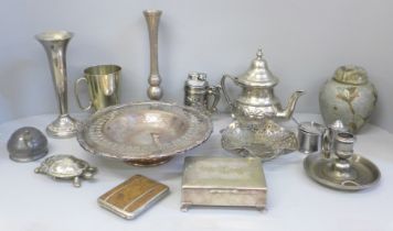 A collection of silver plated items including a fretwork dish, a cigarette box, etc.