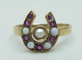 A 14ct gold, ruby, opal and pearl horseshoe ring, 3g, S