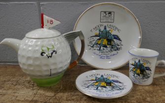 Two Crown Ducal pottery moon landing plates and a Tony Wood golf teapot **PLEASE NOTE THIS LOT IS