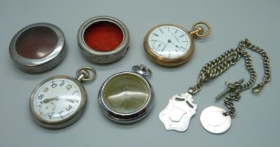 A gold plated Waltham pocket watch, a military issue pocket watch, an Aircraft pocket watch and a