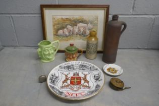 A Boots ginger beer bottle, a Beswick Pickwick decanter, one other bottle, a NFFC plate, a jester