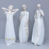 Three Royal Doulton Reflections figures; The Love Letter, Daybreak and Debut