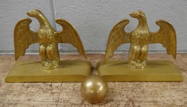 A pair of brass eagle figures, 16cm and a bronze paperweight