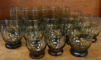 Twelve French smoked glass shots, twelve aperatif glasses and two smaller **PLEASE NOTE THIS LOT