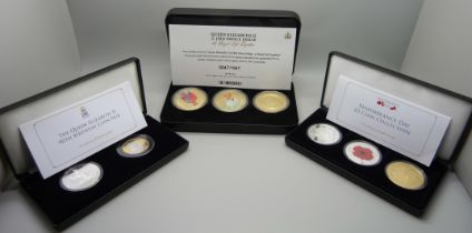 Coins; a set of three £5 Remembrance Day coins, three A Royal Life Together coins and 90th