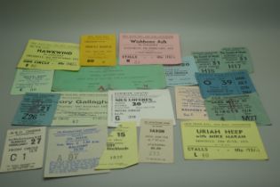 Pop music vintage tickets; Hawkwind, Ian Dury, Uriah Heap, Wishbone Ash, Saxon, Elvis Costello, Rory