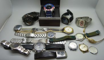 A collection of wristwatches including Seiko chronograph, one other Seiko, Rotary, NY London, etc.