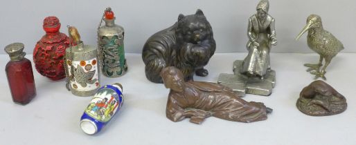 Five figures, three metal and two resin, and five scent bottles