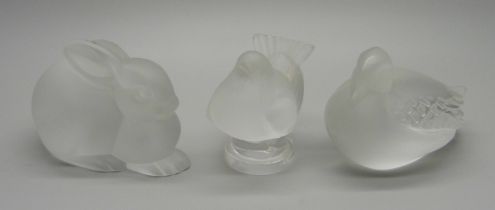 Three small Lalique glass models, signed, two birds and a rabbit