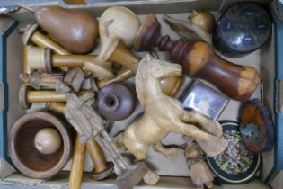 A collection of treen including bobbins, carvings, pots, etc. **PLEASE NOTE THIS LOT IS NOT ELIGIBLE