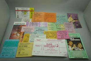 Pop music vintage tickets; Fleetwood Mac, Jethro Tull, Bob Dylan, Small Faces, Yes, Curved Air, EL&