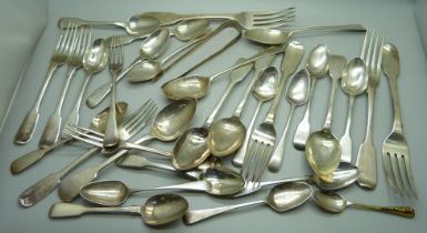 A collection of silver flatware, mainly early 19th Century, some a/f, 949g