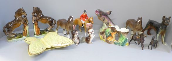 Hornsea Fauna, collection of horse figures, a Sadler butterfly, two Wade horses, etc., some a/f **