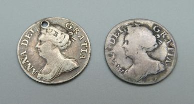 Two Queen Anne sixpence coins, one drilled