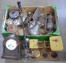 Copperware, postal scales, a pewter teapot, a biscuit tin, mantel clock with French movement (