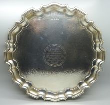 A silver tray by Walker & Hall, with long service inscription dated 1923, 518g, 26cm