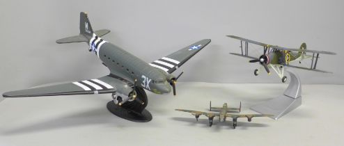 Three model aircraft; Douglas C-47 Skytrain, Fairey Swordfish MK1 and Lancaster MK1