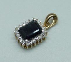 A 9ct gold pendant set with a sapphire and diamonds, 1.9g