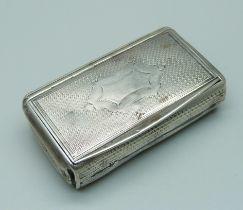 A continental silver snuff box with control marks, 39g, 61mm wide, dented