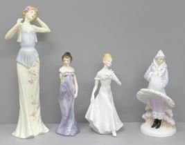 Four figures; Royal Doulton, Francesca, Impressions and Coalport, Coalport a/f