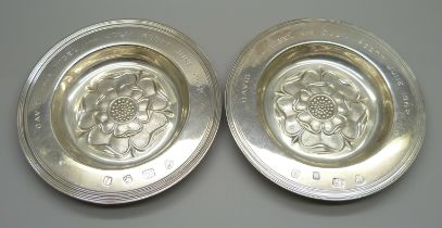 A pair of silver dishes by C.J. Vanders, London mark, with inscriptions, 189g