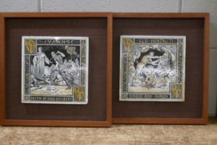 Two mounted Minton tiles, 8" square, Old Mortality and Ivanhoe, designed by Moyr-Smith