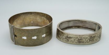 Two silver bangles, 48g, one Chester by Charles Horner