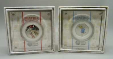 Two The Royal Mint Beatrix Potter coins, Benjamin Bunny and Peter Rabbit, boxed