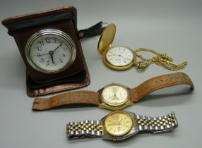 A Seiko 5 automatic wristwatch, a Sekonda wristwatch, a pocket watch and a travel clock