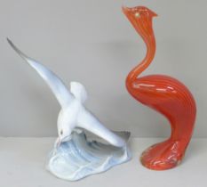 A Rosenthal seagull and a red glass model bird, red bird a/f