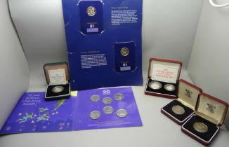 A 2020 Peter Pan 50 pence collection, two Royal Mint 1973 50p coins, a 1990 silver Piedfort 5p
