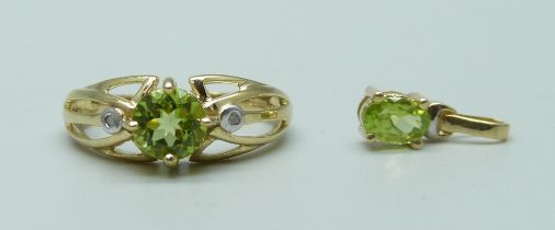 A 9ct gold ring set with peridot and diamonds and a 9ct gold pendant set with peridot, 3.3g, ring