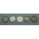 Five silver shillings including George IV 1825, also 1909, 1914 and 2x 1906