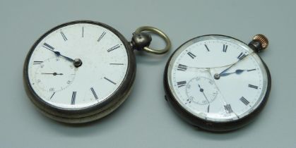 Two silver pocket watches; a fusee with diamond end stone and a spring drive, a/f