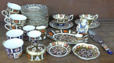 Royal Crown Derby; ten various trios - cup, saucer and tea plates, one cup a/f, oval dish, two pin