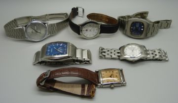 A collection of six gentleman's wristwatches including Rotary, Lorus, Armani, etc.