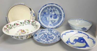 Six items of pottery; four oriental pieces, a/f, a Quimper fish dish and a Portmeirion Botanic