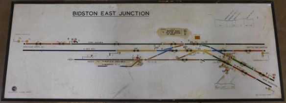 A large railway signal box diagram sign taken from Bidston East Junction box on the Mersey Railway,