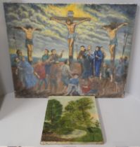 A painting of the Crucifixion, oil on canvas and one other painting on canvas, Spring in the Forest