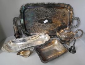 A collection of plated ware including a gallery tray, teapot, tankards, cups, etc.