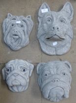 Four stone cast dogs heads