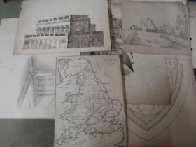 WM Dodsley, architect, a series of architectural drawings including a church with various views,