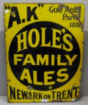 A Hole's Family Ales enamelled sign